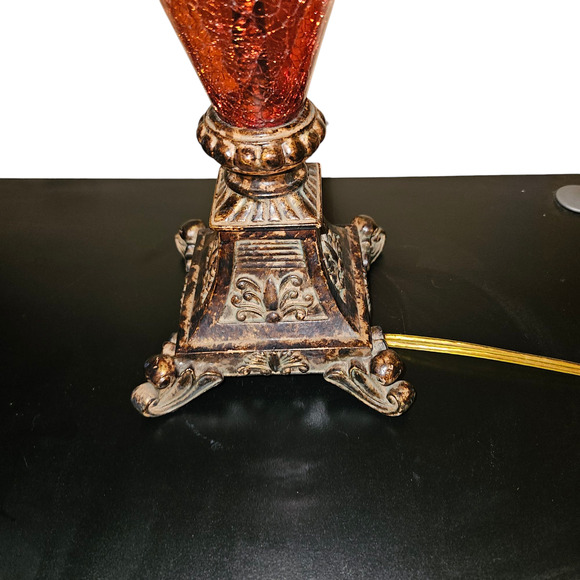 VTG Style Amber Glass & Resin Table Lamp Ornate Bronze Finish Base Crackle Glass - Picture 3 of 5